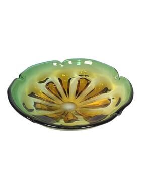 Vintage Green and Amber Murano Style Art Glass Spiral Pedestal Bowl MCM